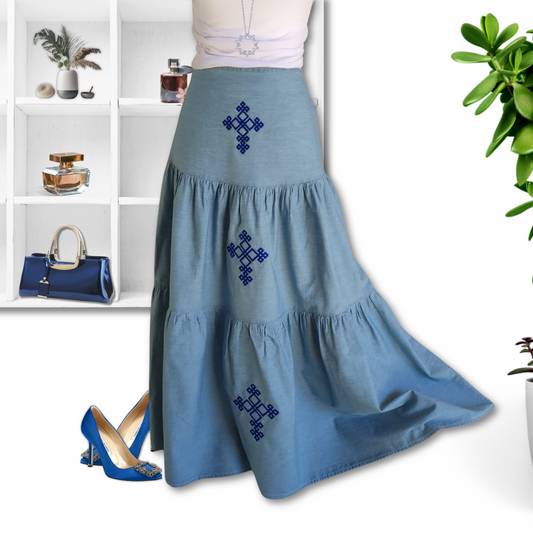 100% Cotton, three embroidered crosses Denim Long Skirts