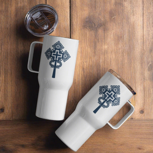 Travel mug with a handle, stainless steel and BPA-free plastic, Ethiopian Cross design, 25 oz (739 ml)