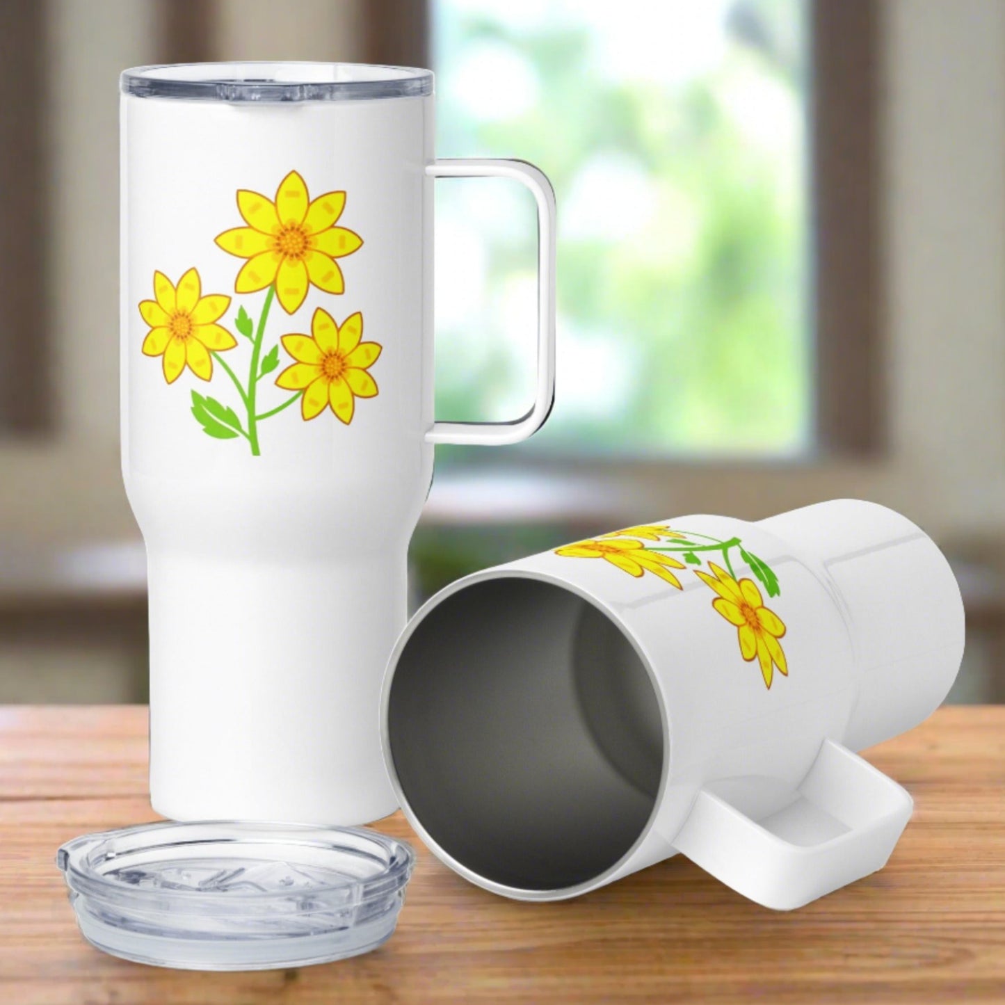 Travel mug with a handle, Adey Abeba flower stainless steel and BPA-free plastic, 25 oz (739 ml)