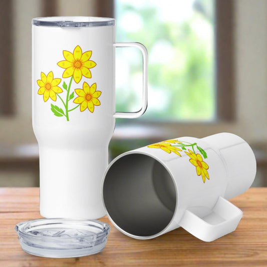 Travel mug with a handle, Adey Abeba flower stainless steel and BPA-free plastic, 25 oz (739 ml)