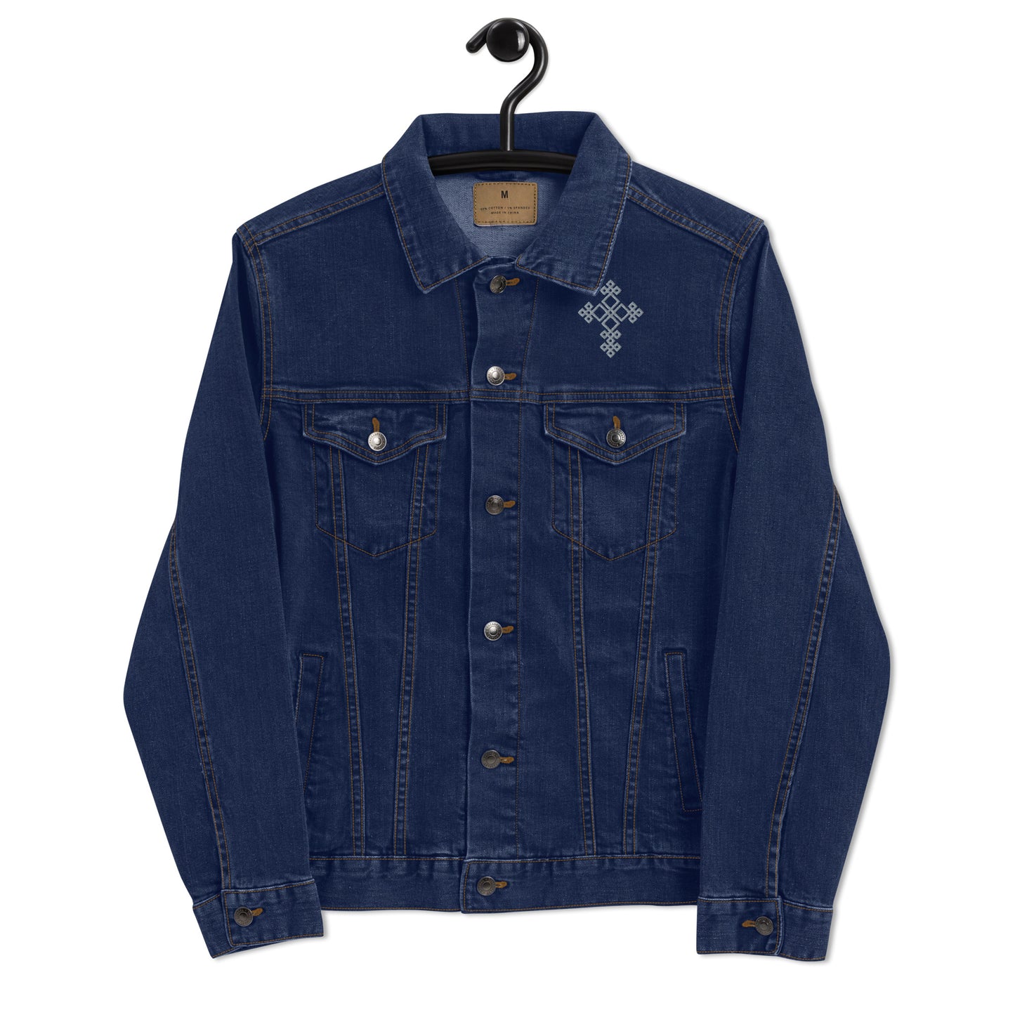 Unisex denim jacket Embroidered Ethiopian cross design Left chest