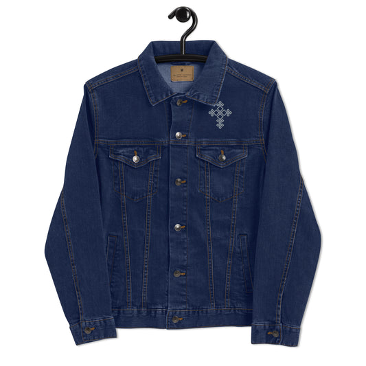 Unisex denim jacket Embroidered Ethiopian cross design Left chest