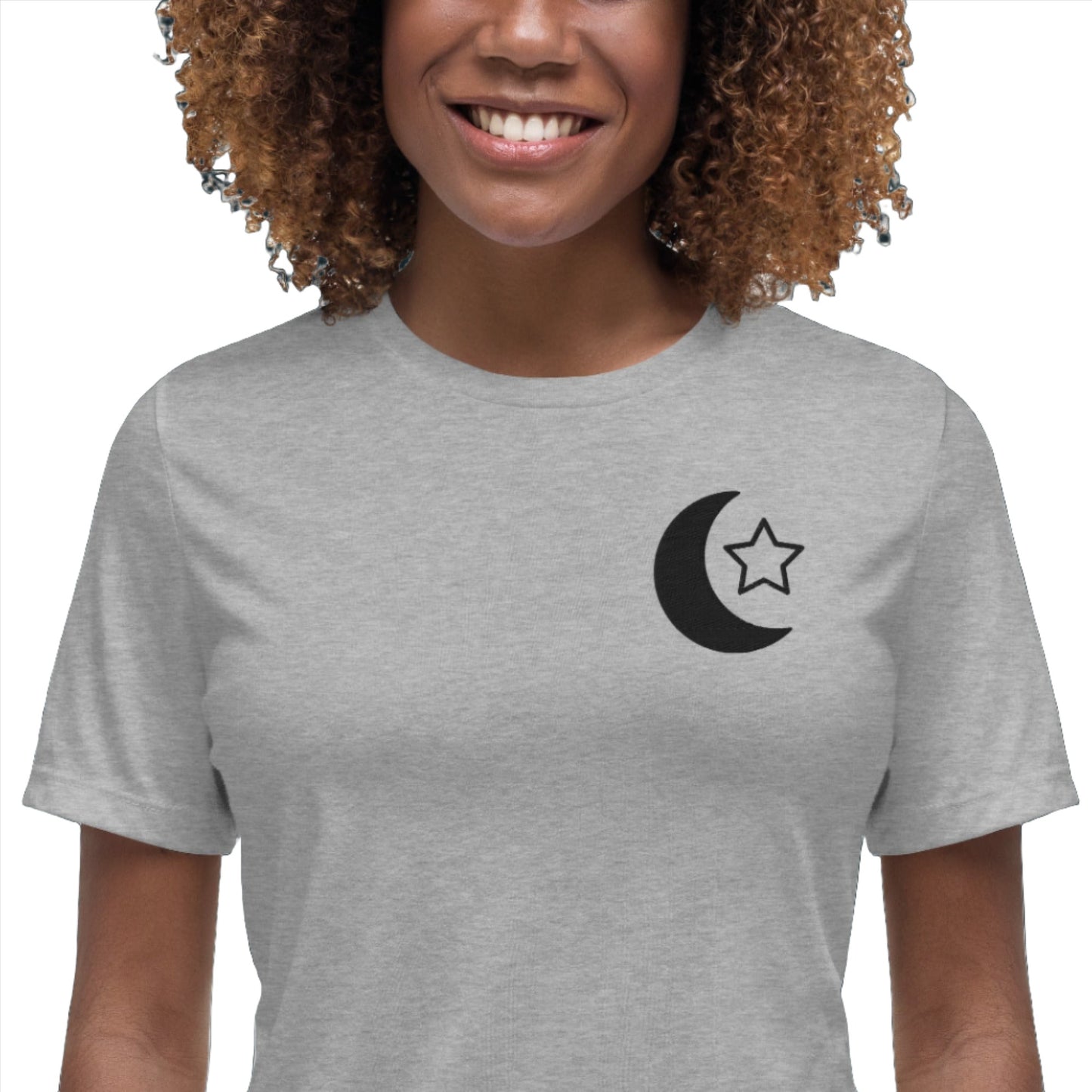 100% ring-spun and combed cotton, Embroidered Islamic Moon Star design, Women's Relaxed T-Shirt,