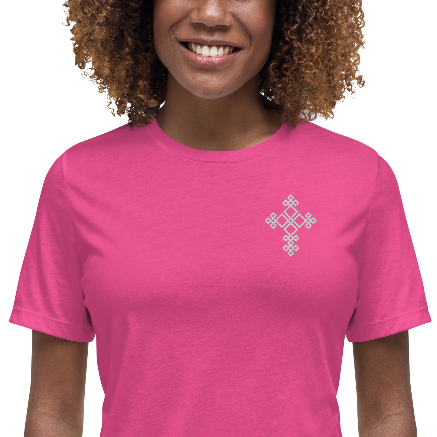 100% ring-spun and combed cotton, Embroidered Ethiopian Cross design, Women's Relaxed T-Shirt