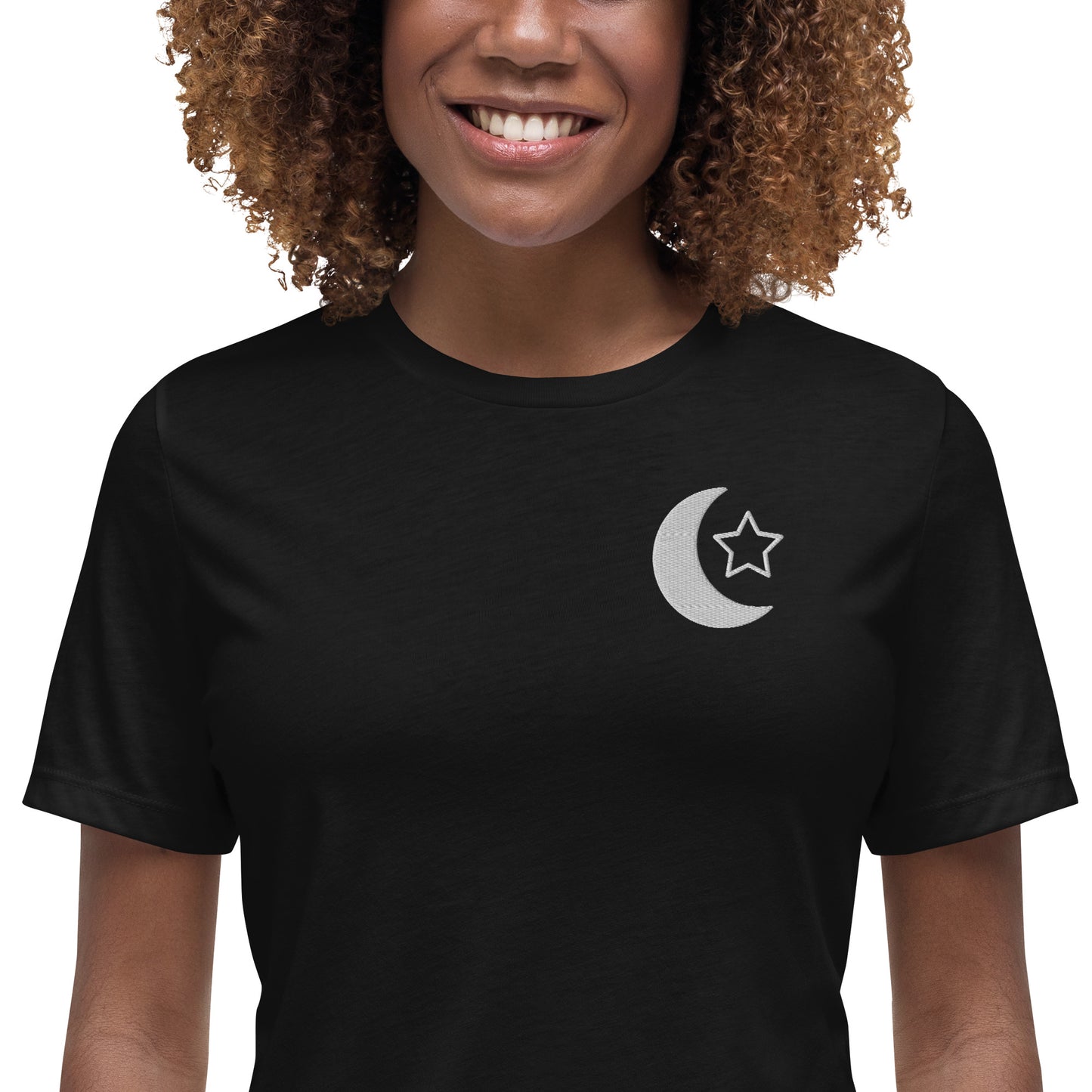 100% ring-spun and combed cotton, Embroidered Islamic Moon Star design, Women's Relaxed T-Shirt,