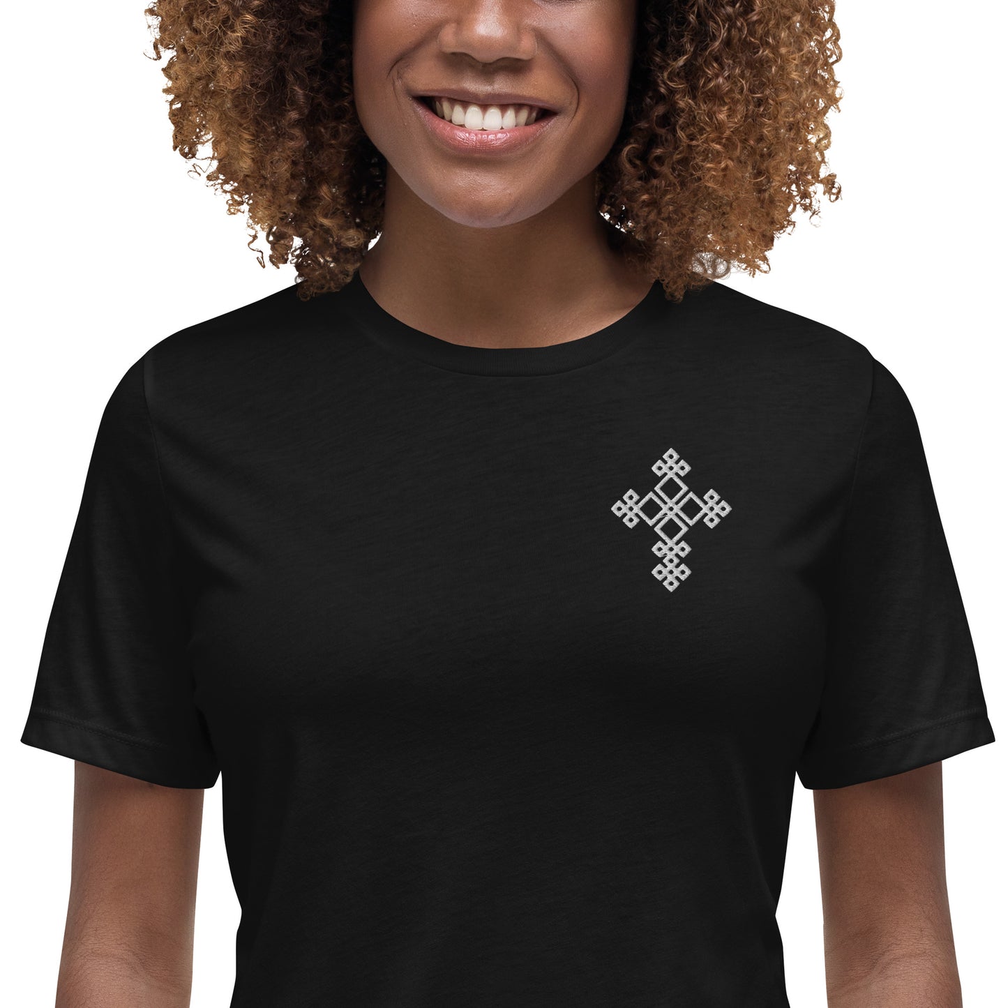 100% ring-spun and combed cotton, Embroidered Ethiopian Cross design, Women's Relaxed T-Shirt