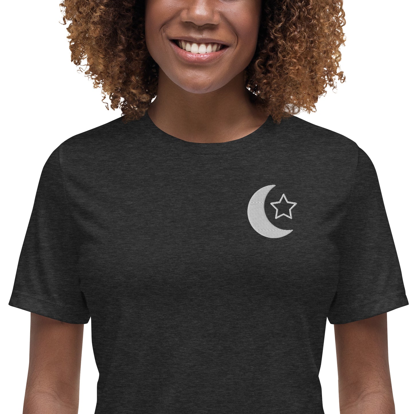 100% ring-spun and combed cotton, Embroidered Islamic Moon Star design, Women's Relaxed T-Shirt,