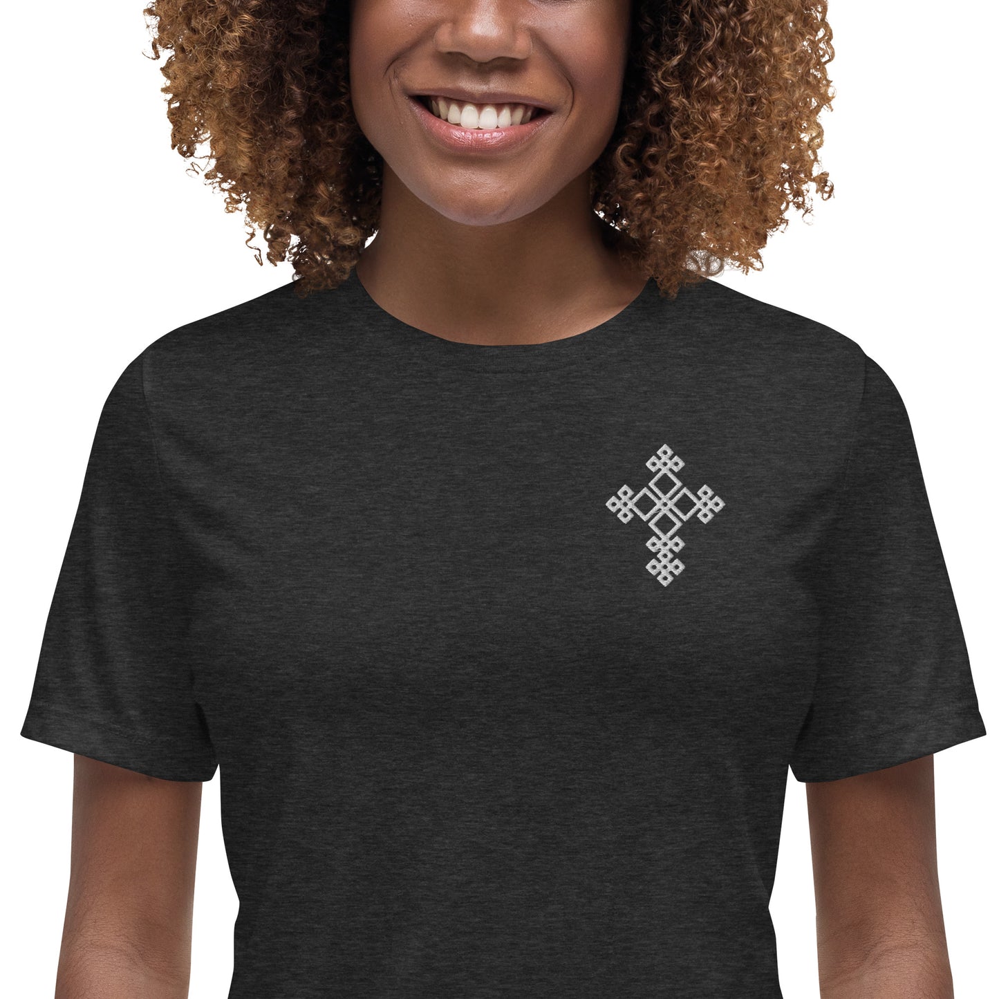 100% ring-spun and combed cotton, Embroidered Ethiopian Cross design, Women's Relaxed T-Shirt