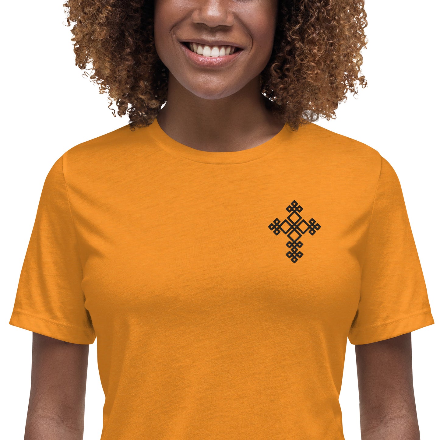 100% ring-spun and combed cotton, Black Embroidered Ethiopian Cross design, Women's Relaxed T-Shirt,