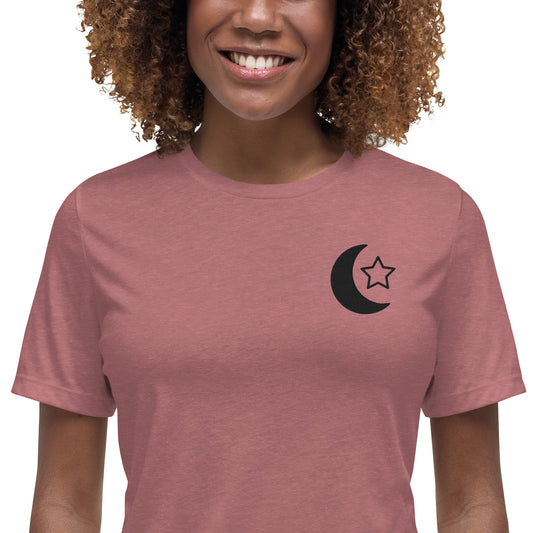 100% ring-spun and combed cotton, Embroidered Islamic Moon Star design, Women's Relaxed T-Shirt,