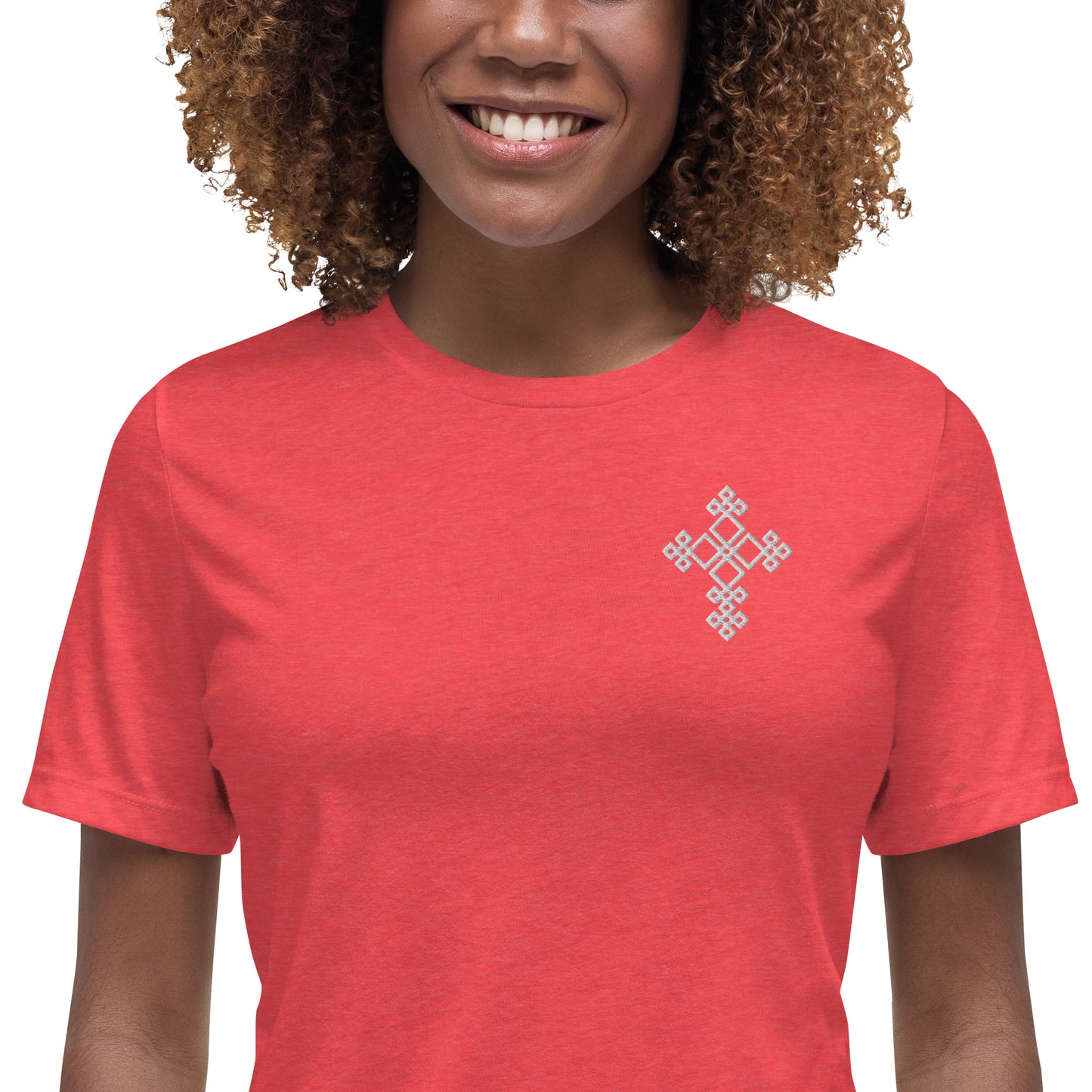 100% ring-spun and combed cotton, Embroidered Ethiopian Cross design, Women's Relaxed T-Shirt