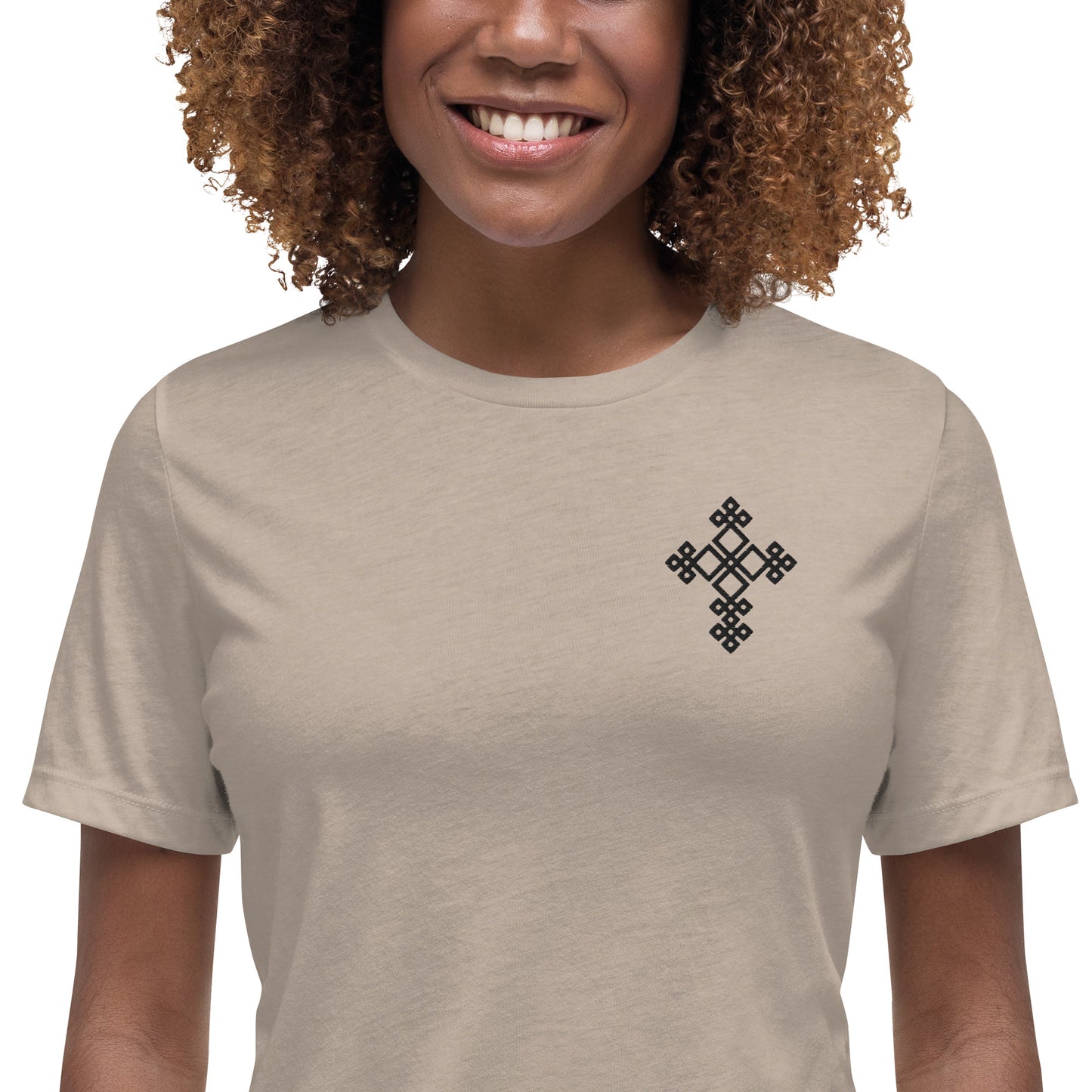 100% ring-spun and combed cotton, Black Embroidered Ethiopian Cross design, Women's Relaxed T-Shirt,