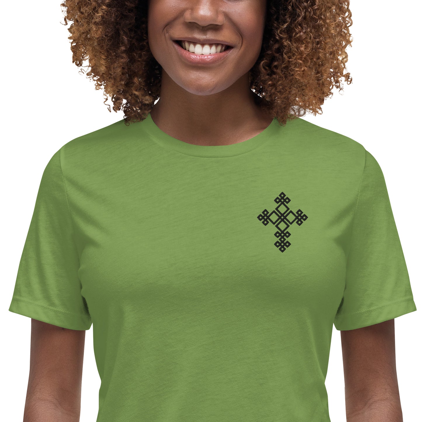 100% ring-spun and combed cotton, Black Embroidered Ethiopian Cross design, Women's Relaxed T-Shirt,