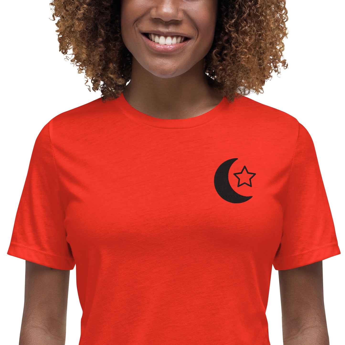 100% ring-spun and combed cotton, Embroidered Islamic Moon Star design, Women's Relaxed T-Shirt,