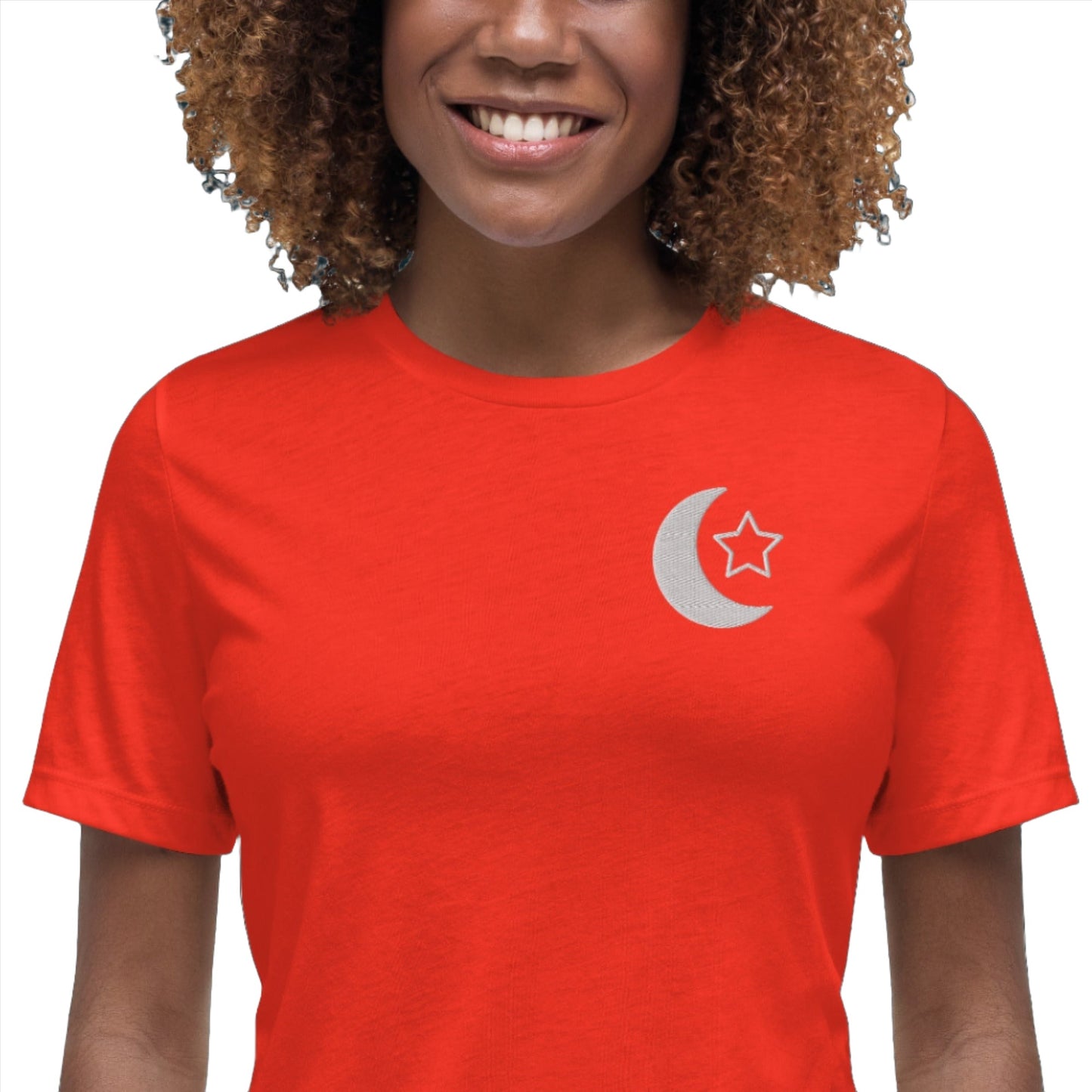 100% ring-spun and combed cotton, Embroidered Islamic Moon Star design, Women's Relaxed T-Shirt,