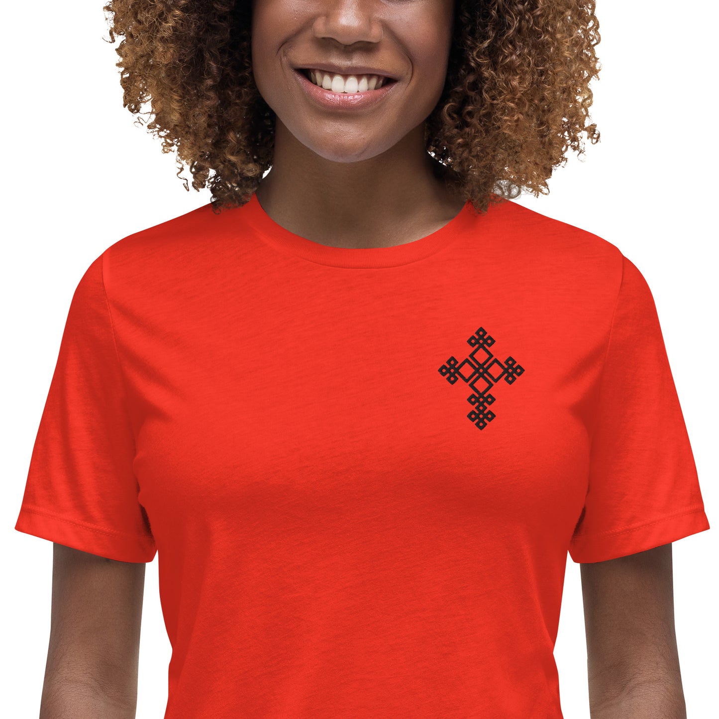 100% ring-spun and combed cotton, Black Embroidered Ethiopian Cross design, Women's Relaxed T-Shirt,