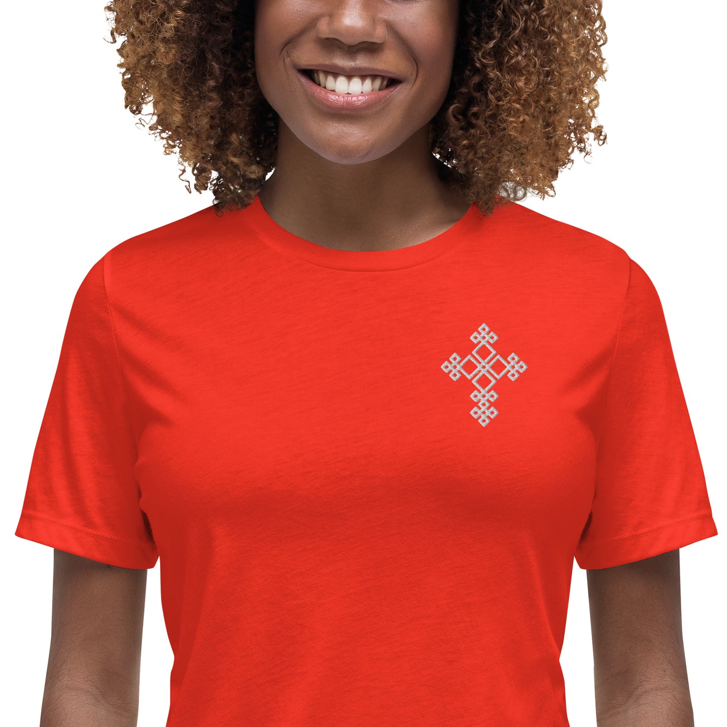 100% ring-spun and combed cotton, Embroidered Ethiopian Cross design, Women's Relaxed T-Shirt