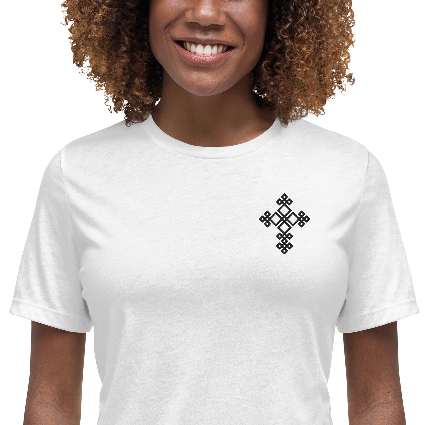 100% ring-spun and combed cotton, Black Embroidered Ethiopian Cross design, Women's Relaxed T-Shirt,